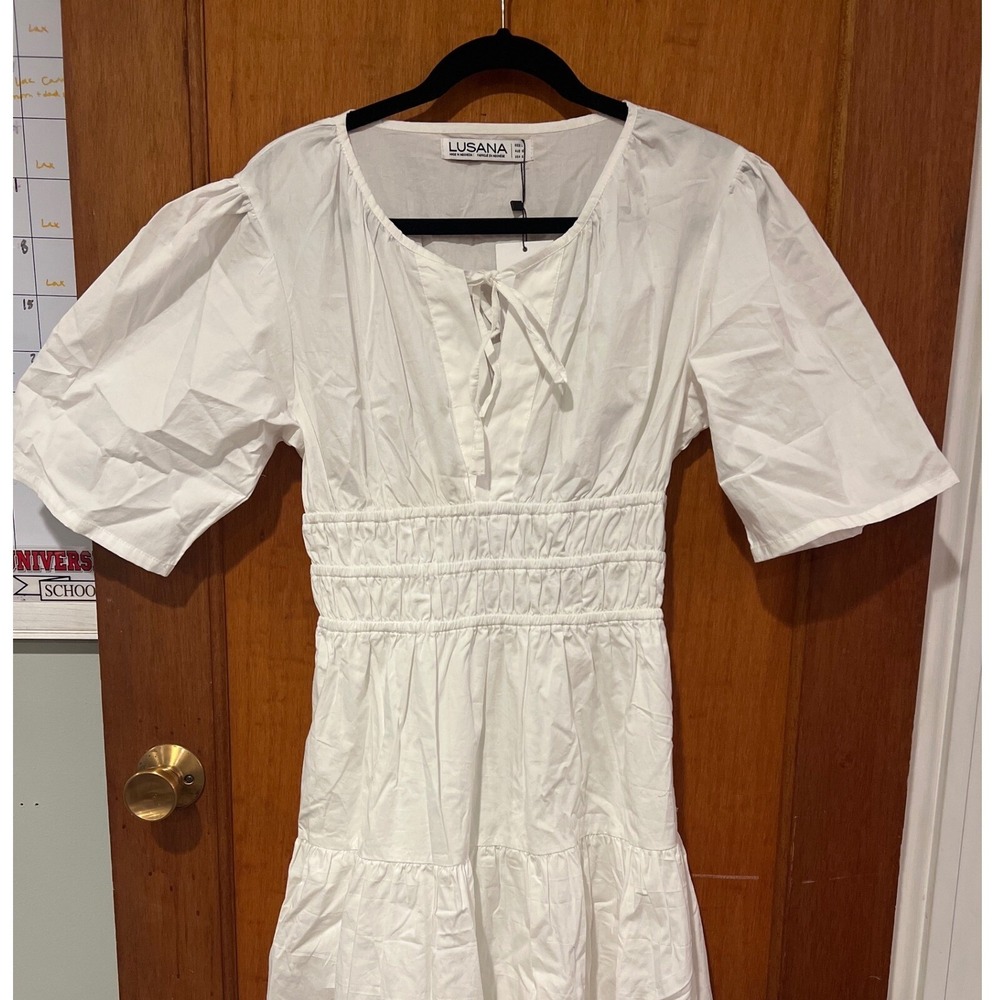 Lusana white cotton Tori maxi dress Large‎ tiered poplin resort vacation - Picture 6 of 9